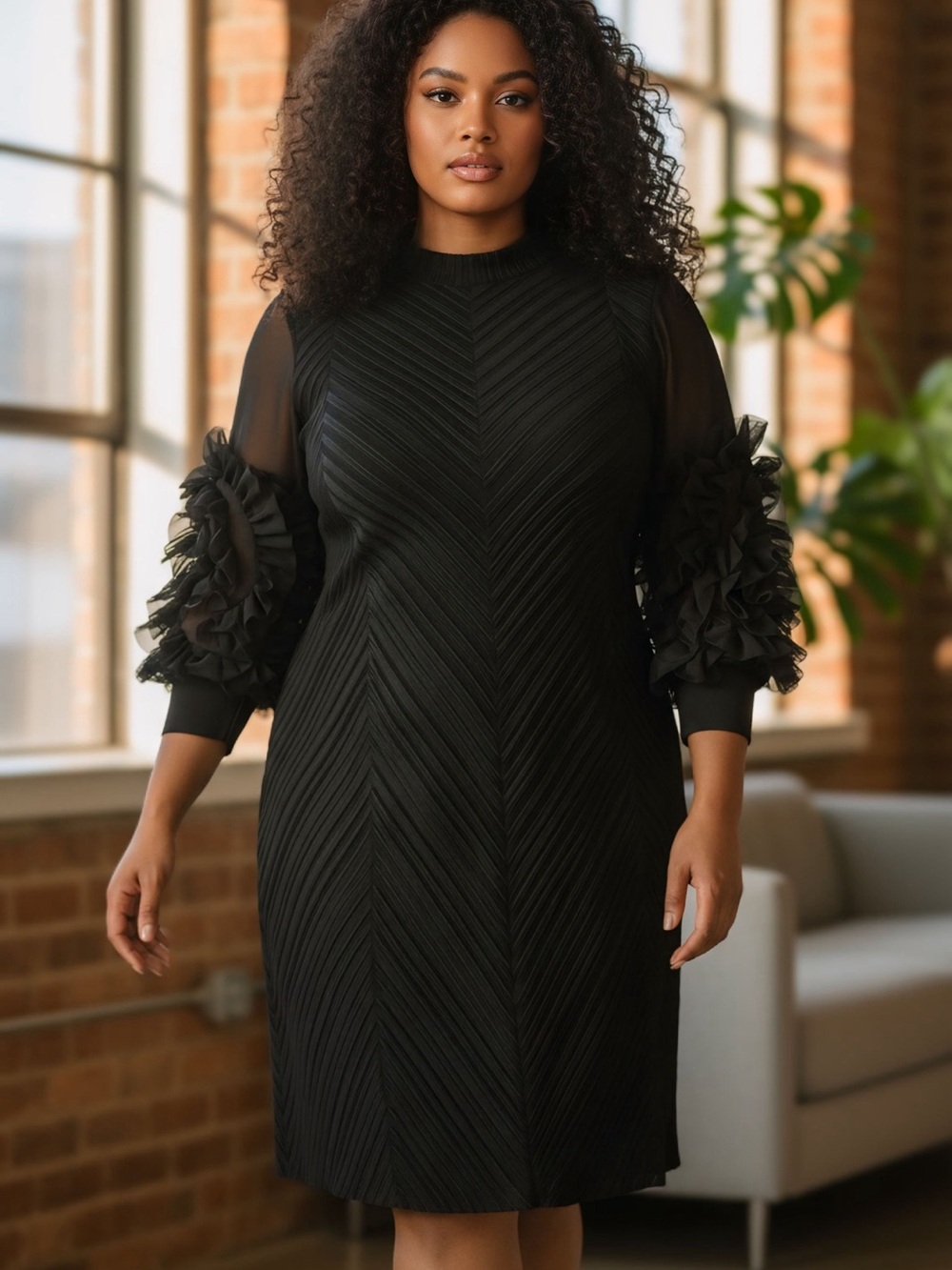 Elegant Black Sheath Dress with Ruffle Sleeve Detail